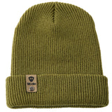 Flat lay of the Till I Die military green knit beanie showing  the medium gauge knit and branded leather logo tab on the cuff