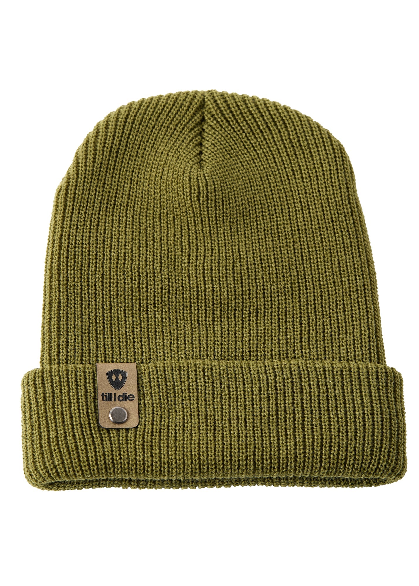 Flat lay of the Till I Die military green knit beanie showing  the medium gauge knit and branded leather logo tab on the cuff