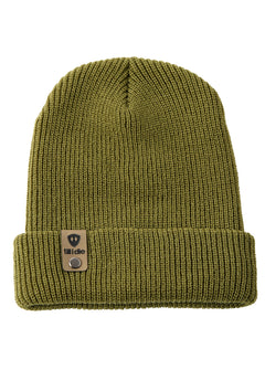 Flat lay of the Till I Die military green knit beanie showing  the medium gauge knit and branded leather logo tab on the cuff