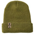 Flat lay of the Till I Die military green knit beanie showing  the medium gauge knit and branded leather logo tab on the cuff