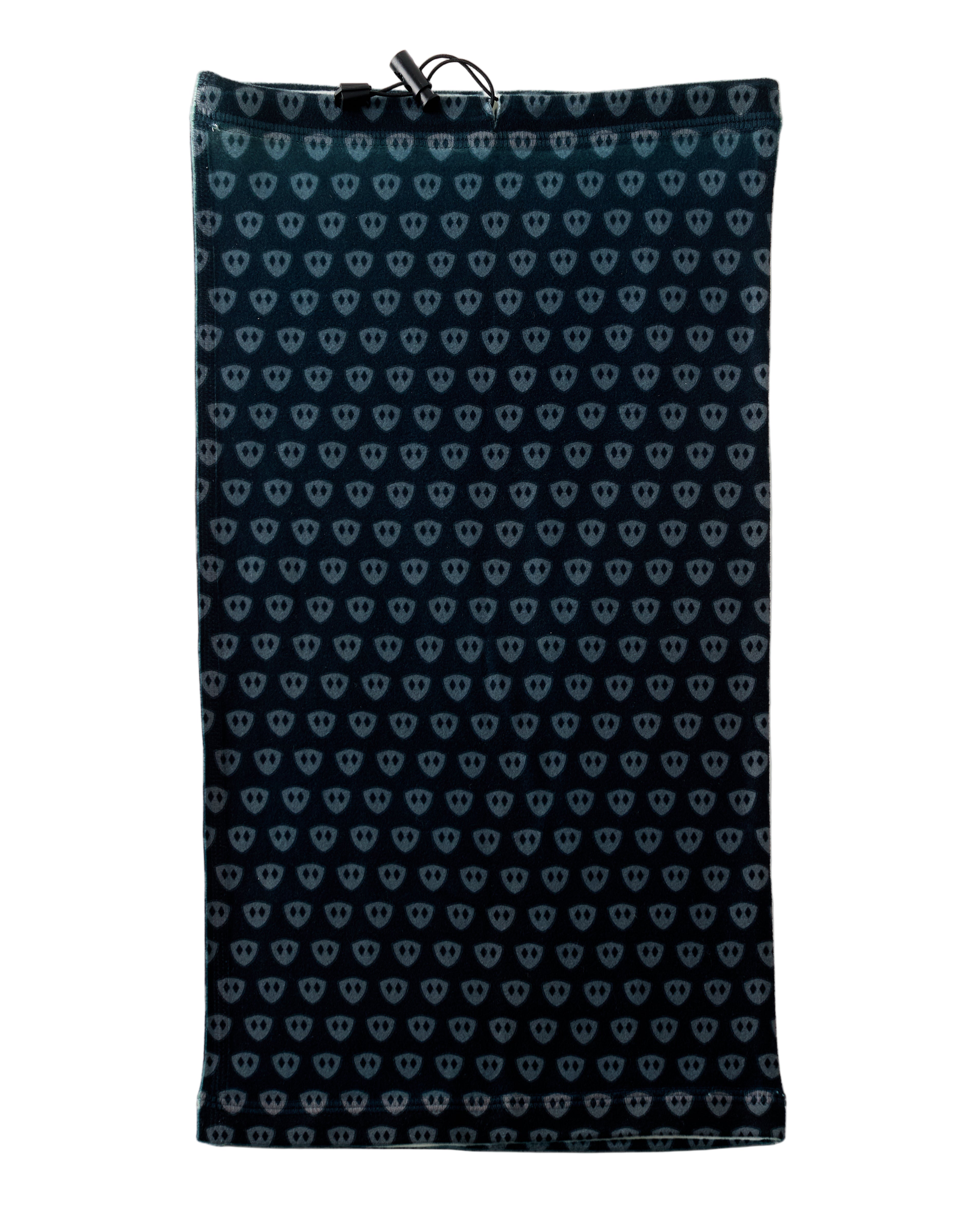 Overhead flat lay image of the back side of a black fleece neck gaiter featuring a repeating dark gray diamond-shield pattern. The gaiter has an adjustable drawstring at the top and is placed on a white background.