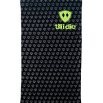 Overhead flat lay image of a black fleece neck gaiter with a repeating dark gray diamond-shield pattern. Near the top right corner is a bright lime green Till I Die logo and text. The gaiter includes an adjustable drawstring at the top and is placed on a white background.