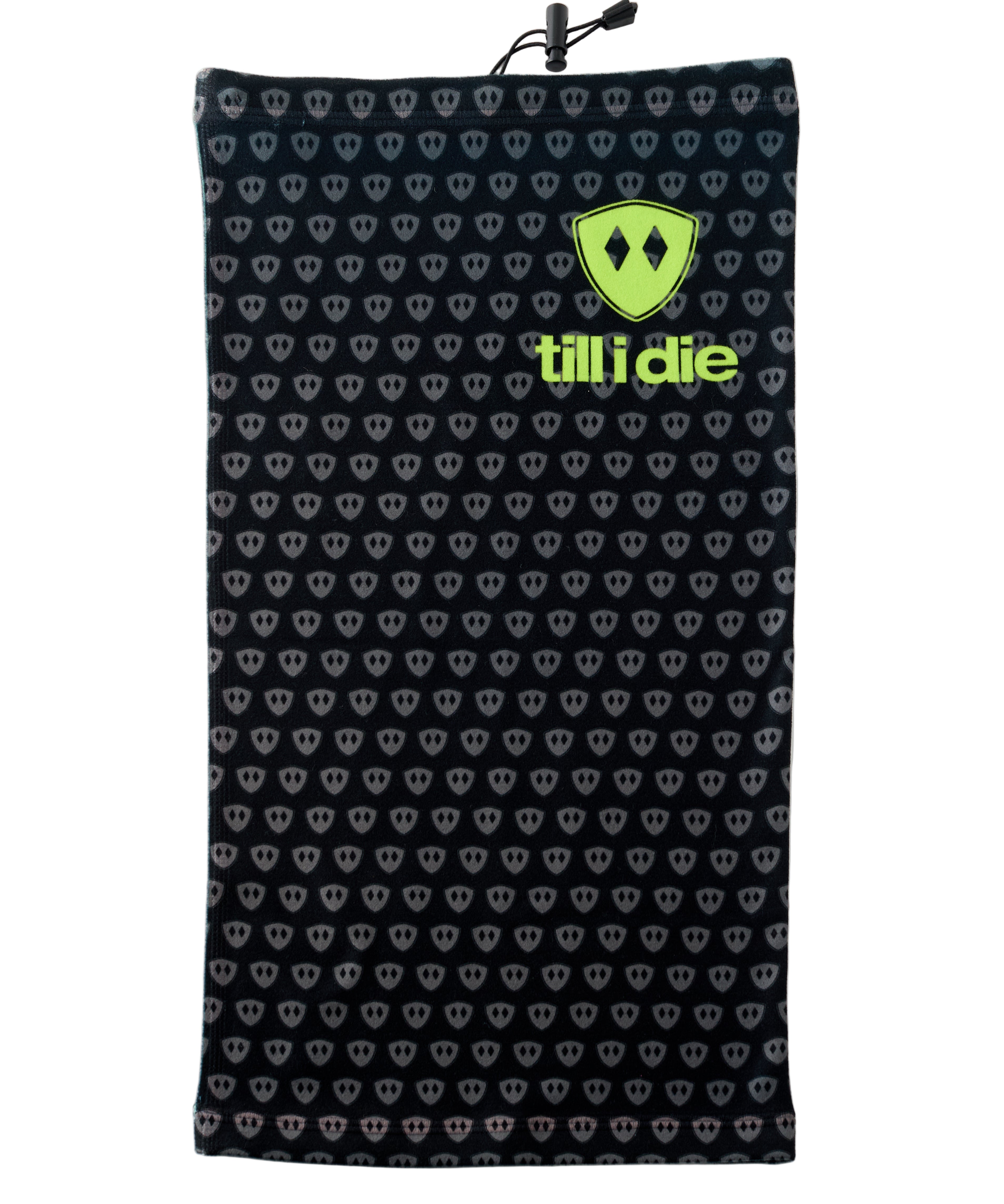 Overhead flat lay image of a black fleece neck gaiter with a repeating dark gray diamond-shield pattern. Near the top right corner is a bright lime green Till I Die logo and text. The gaiter includes an adjustable drawstring at the top and is placed on a white background.