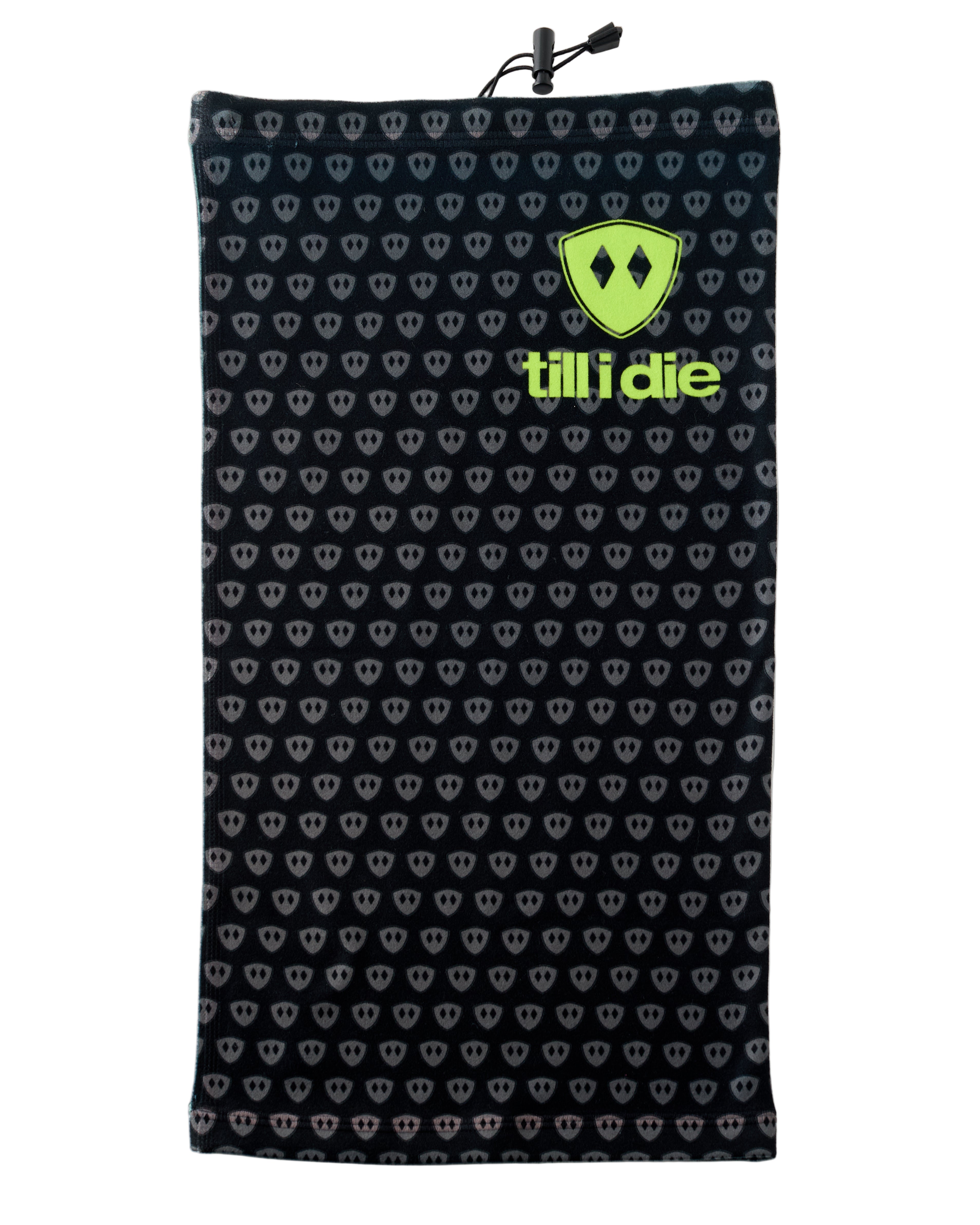 Overhead flat lay image of a black fleece neck gaiter with a repeating dark gray diamond-shield pattern. Near the top right corner is a bright lime green Till I Die logo and text. The gaiter includes an adjustable drawstring at the top and is placed on a white background.