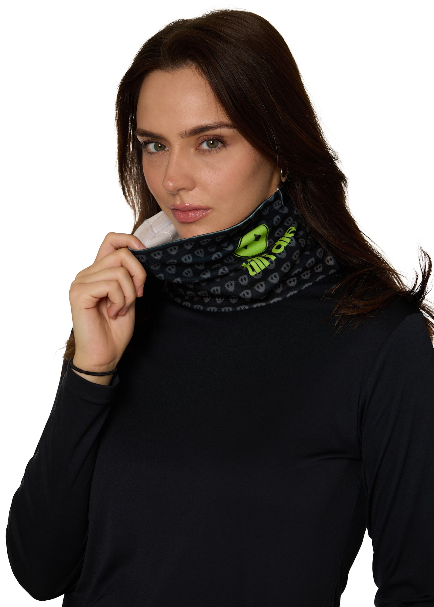 Female model wearing the Till I Die Logo Neck Gaiter in Lime, shown covering her neck as she holds it up toward her face.