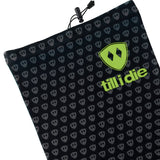 Flat lay of the Till I Die Logo Neck Gaiter showcasing the soft fleece texture and adjustable drawstring cord.