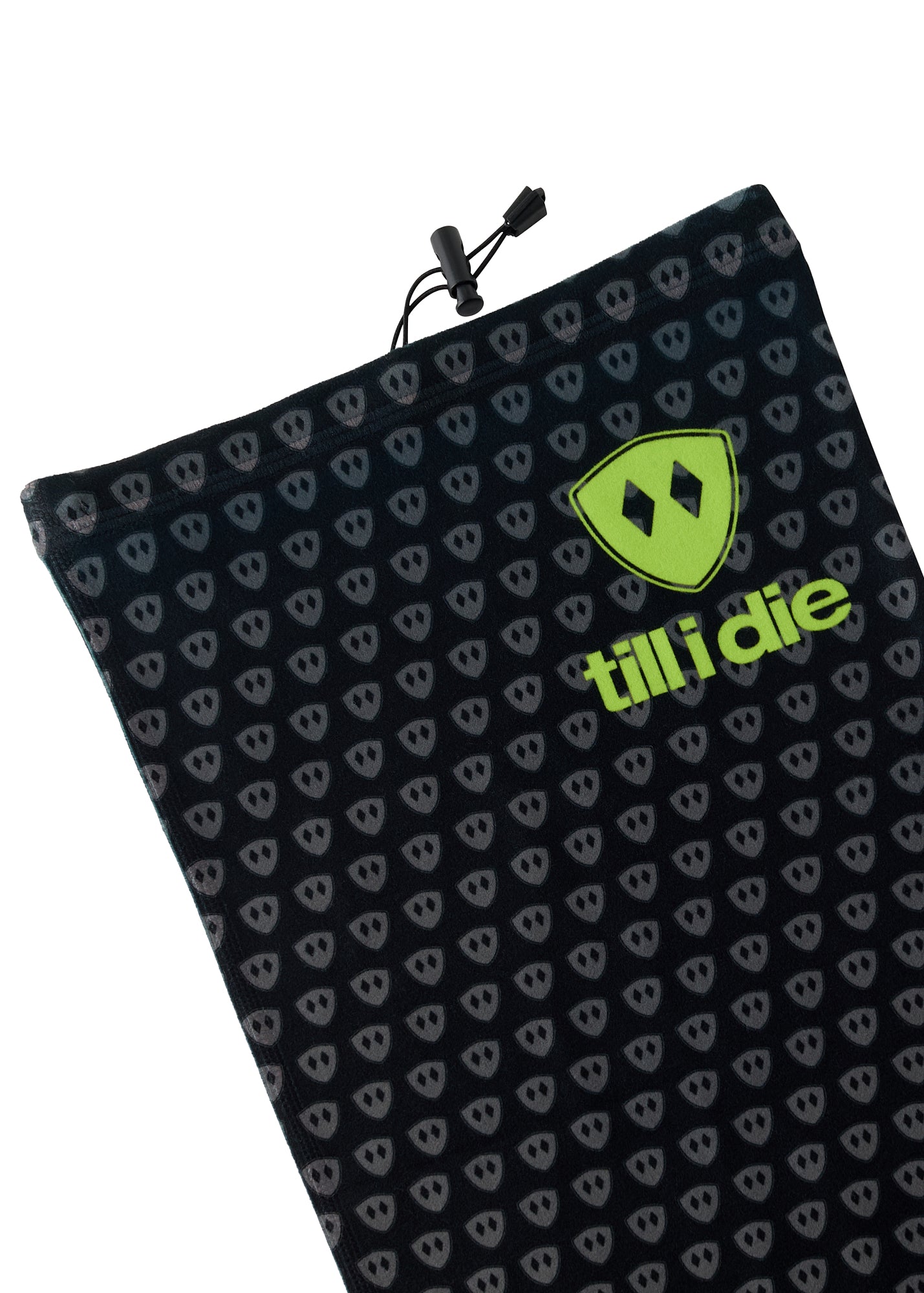 Flat lay of the Till I Die Logo Neck Gaiter showcasing the soft fleece texture and adjustable drawstring cord.