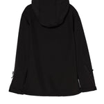 Back view of black performance pullover jacket with hood