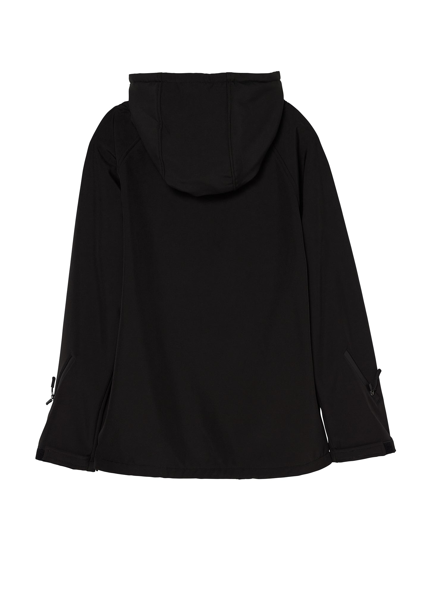 Back view of black performance pullover jacket with hood