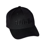Studio image of black wool Till I Die Puffer Hat with puff embroidered front logo and curved brim