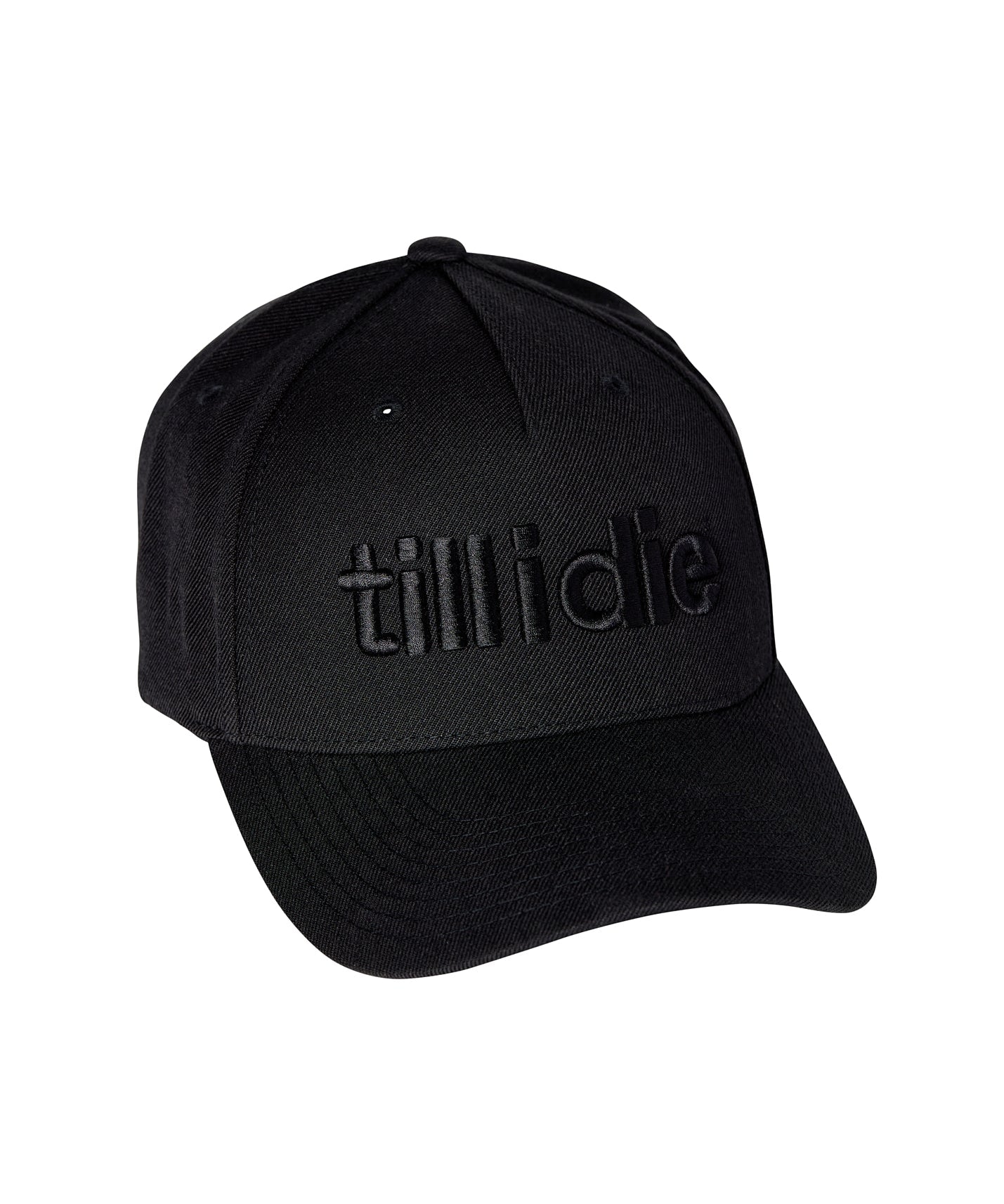 Studio image of black wool Till I Die Puffer Hat with puff embroidered front logo and curved brim
