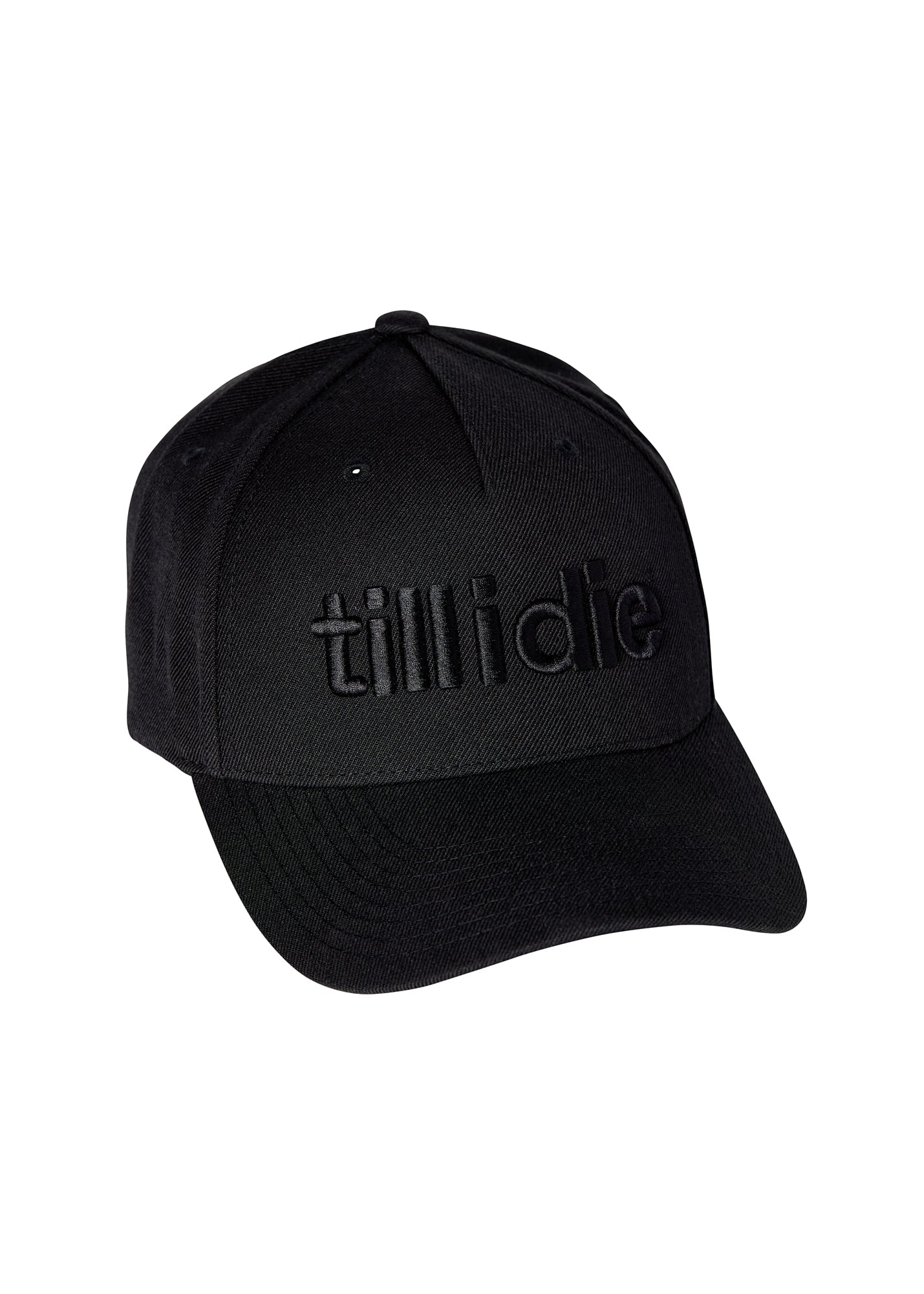 Studio image of black wool Till I Die Puffer Hat with puff embroidered front logo and curved brim
