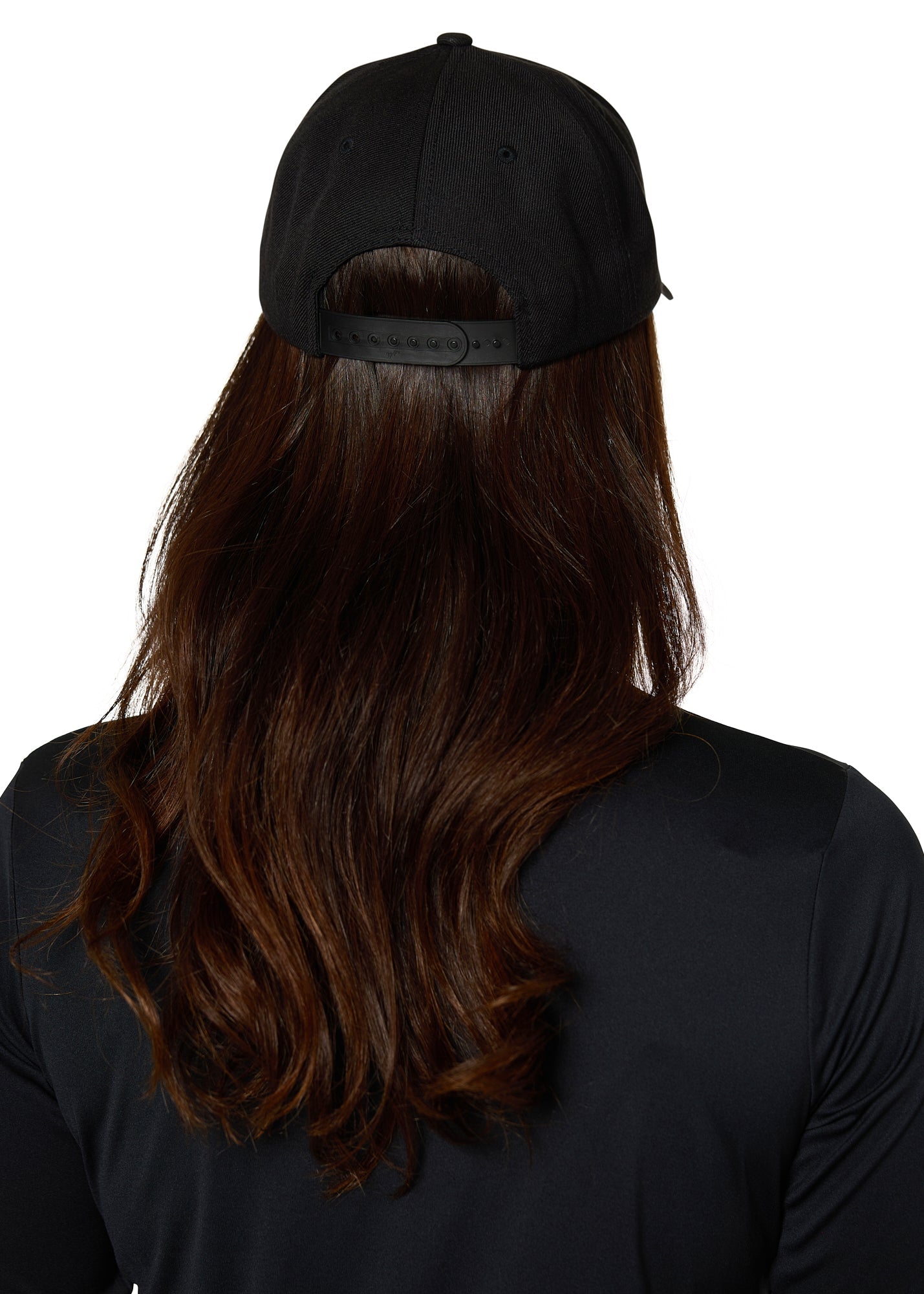 Back view of female model showing adjustable snapback strap