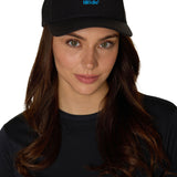 Female model wearing black Ride Till I Die snapback with electric blue embroidery