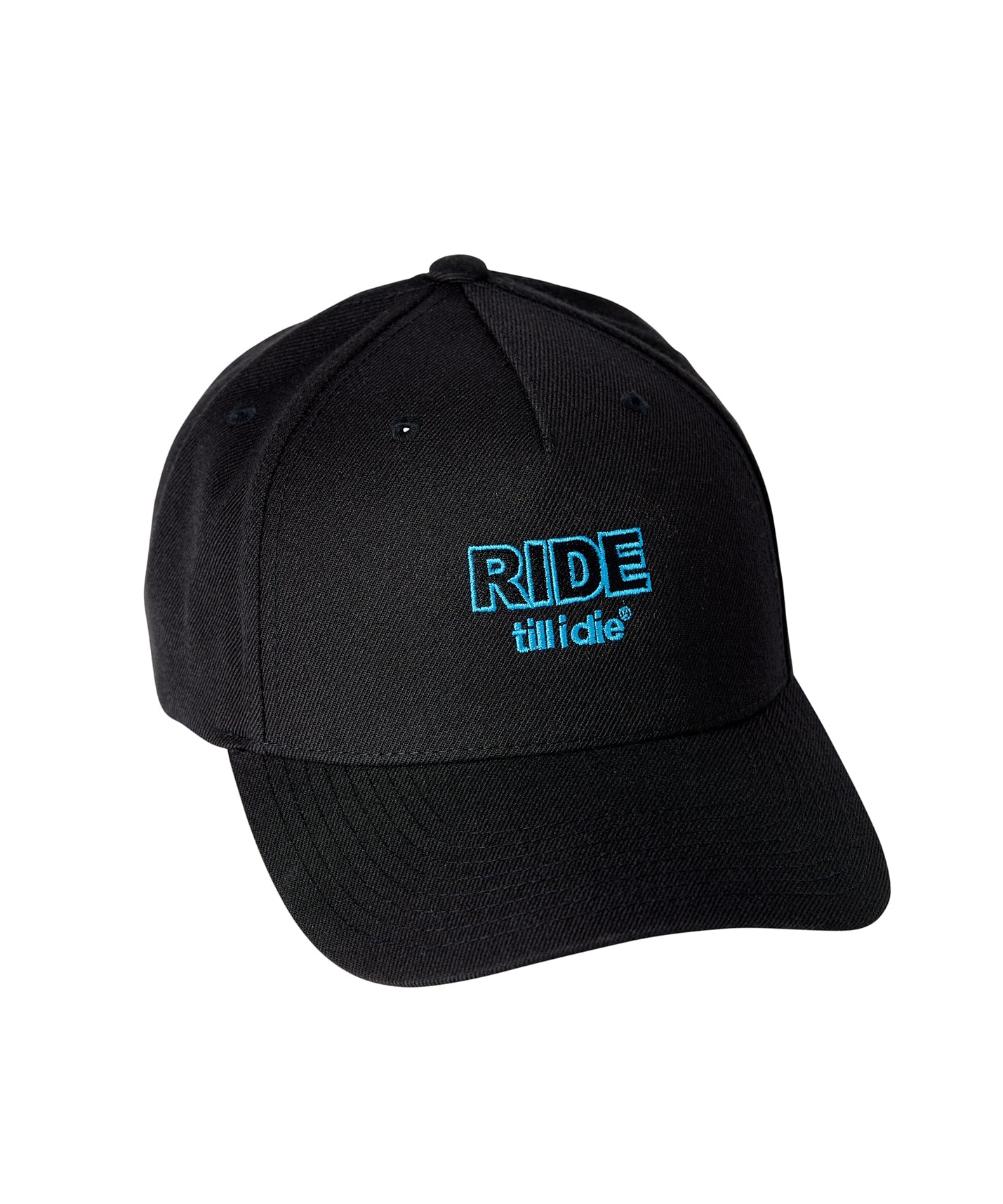Angled product view of the black wool blend Ride Till I Die 5-panel hat