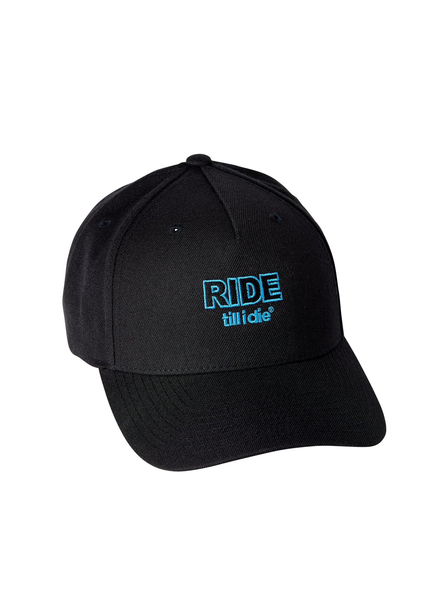 Angled product view of the black wool blend Ride Till I Die 5-panel hat
