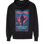 Back graphic on Snowboard Till I Die hoodie with rhinestone embellishments, Winter 2025
