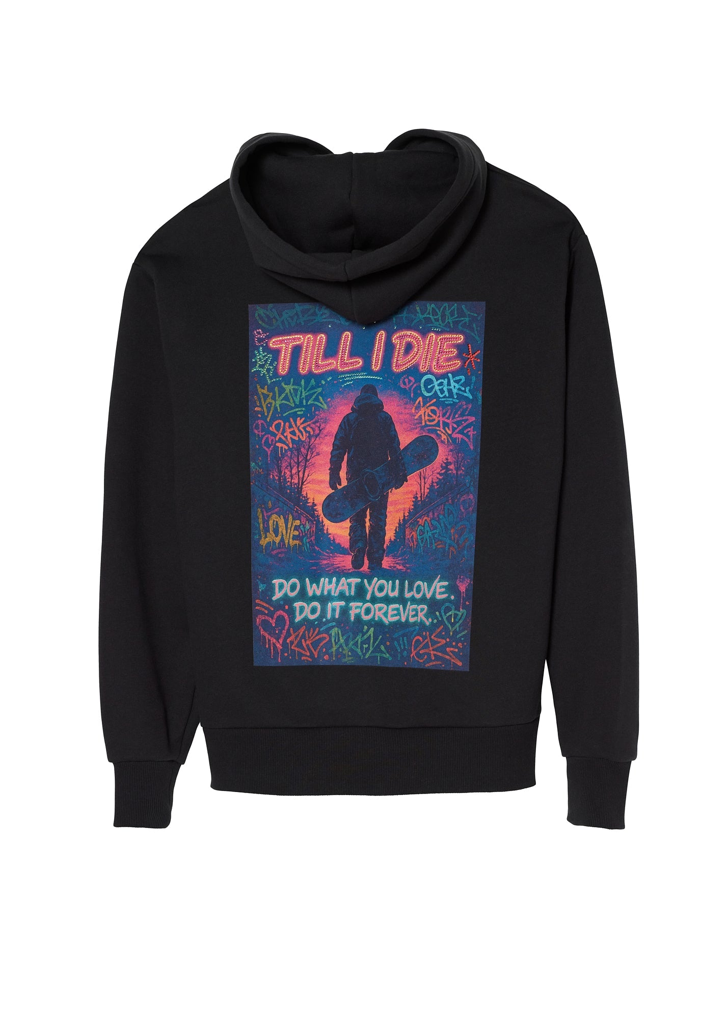 Back graphic on Snowboard Till I Die hoodie with rhinestone embellishments, Winter 2025