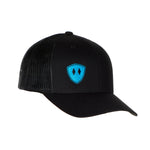 Flat lay of the Black Till I Die Double Diamond Shield Trucker Hat, showcasing the Double Diamond Shield in blue embroidery on the bottom right panel.