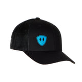 Flat lay of the Black Till I Die Double Diamond Shield Trucker Hat, showcasing the Double Diamond Shield in blue embroidery on the bottom right panel.