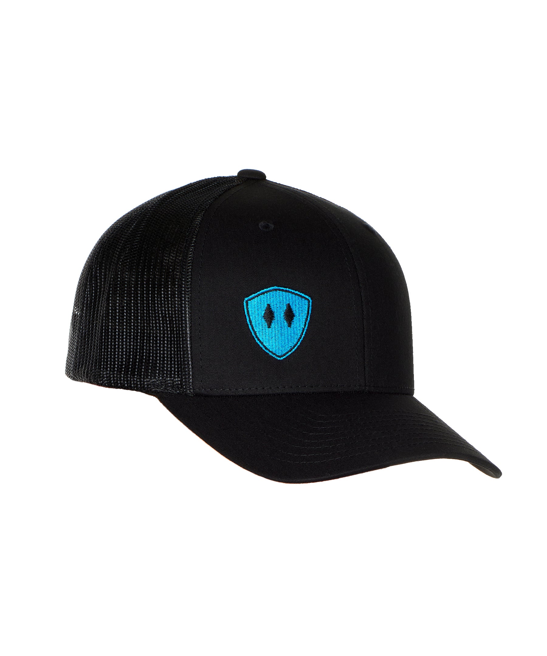 Flat lay of the Black Till I Die Double Diamond Shield Trucker Hat, showcasing the Double Diamond Shield in blue embroidery on the bottom right panel.