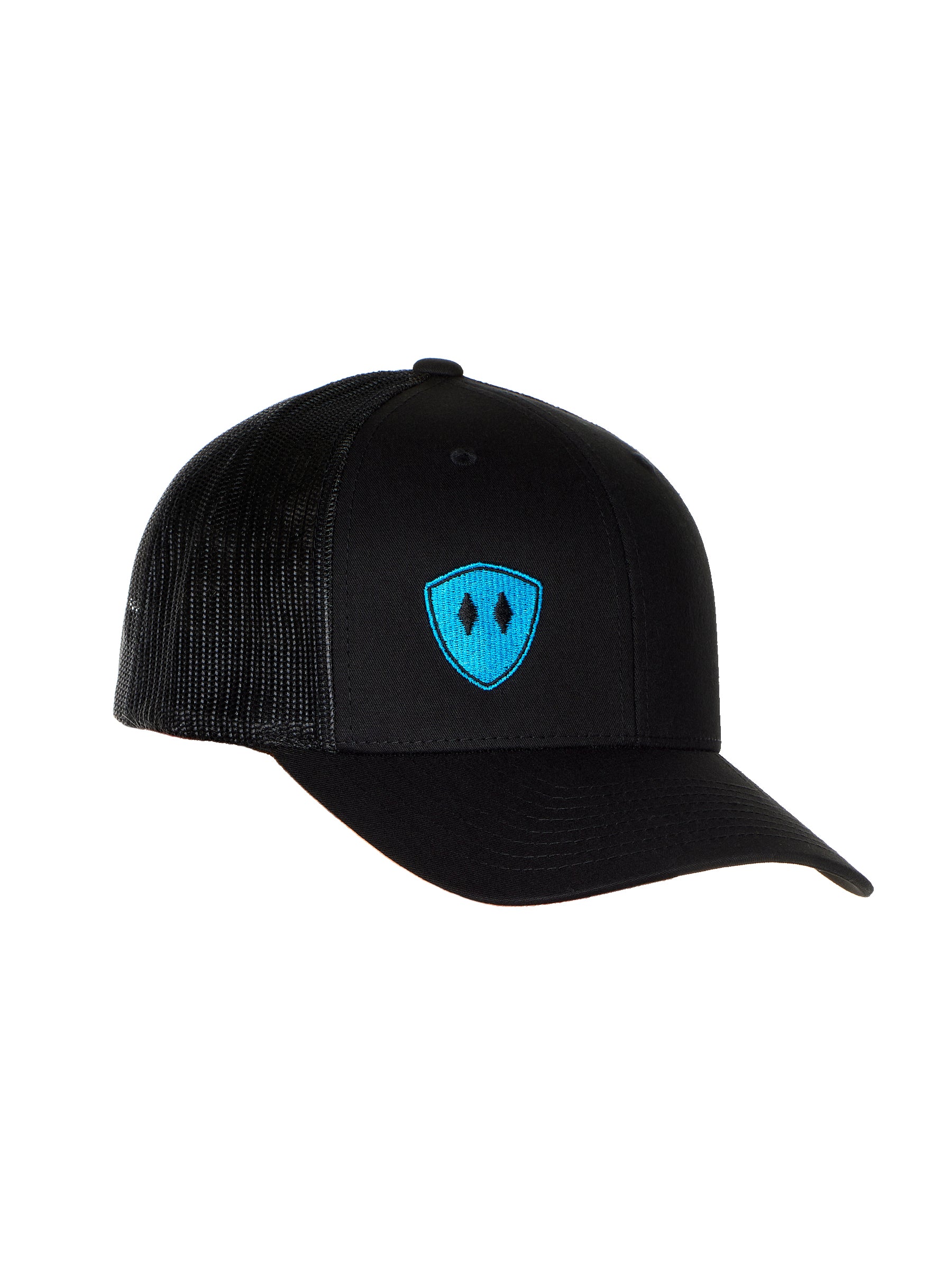 Flat lay of the Black Till I Die Double Diamond Shield Trucker Hat, showcasing the Double Diamond Shield in blue embroidery on the bottom right panel.