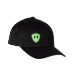 Flat lay of the Black Till I Die Double Diamond Shield Trucker Hat, showcasing the Double Diamond Shield in green embroidery on the bottom right panel.