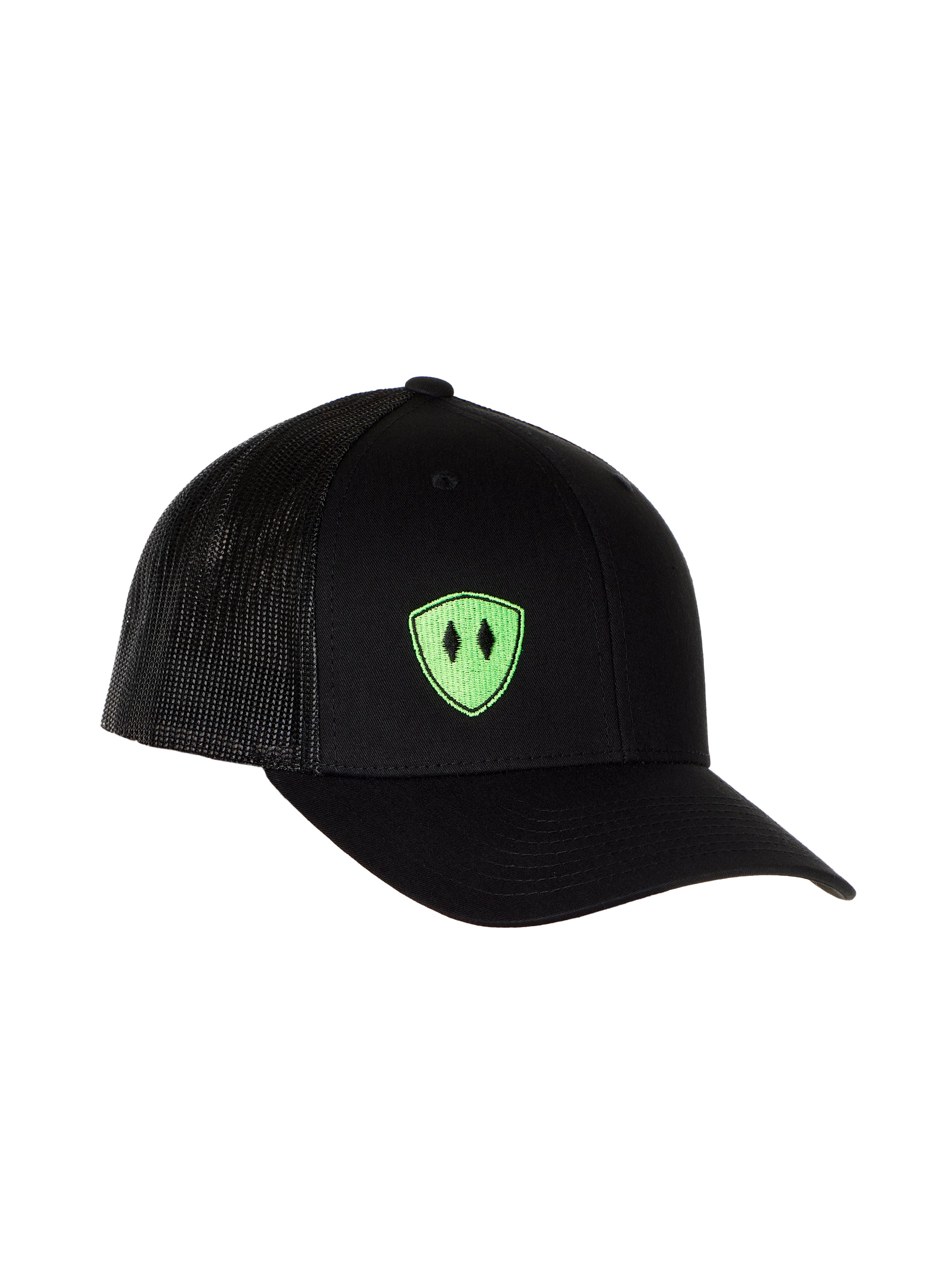 Flat lay of the Black Till I Die Double Diamond Shield Trucker Hat, showcasing the Double Diamond Shield in green embroidery on the bottom right panel.