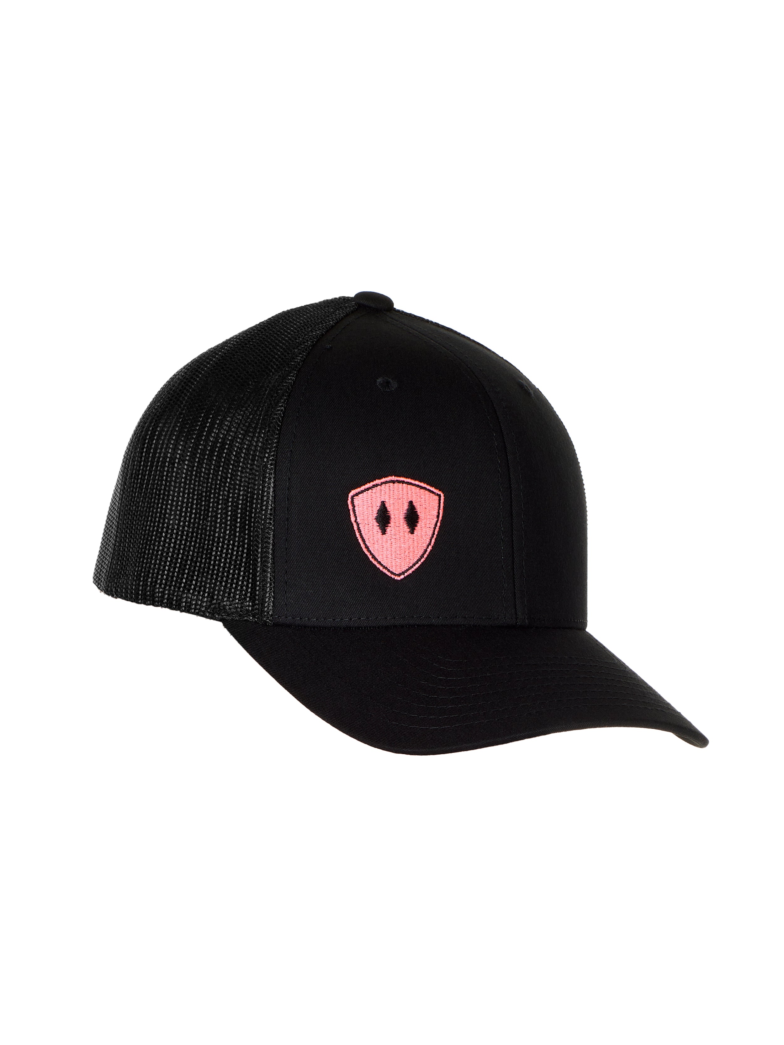 Flat lay of the Black Till I Die Double Diamond Shield Trucker Hat, showcasing the Double Diamond Shield in pink embroidery on the bottom right panel.
