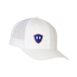 Flat lay of the White Till I Die Double Diamond Shield Trucker Hat, showcasing the Double Diamond Shield in red and blue embroidery on the bottom right panel.