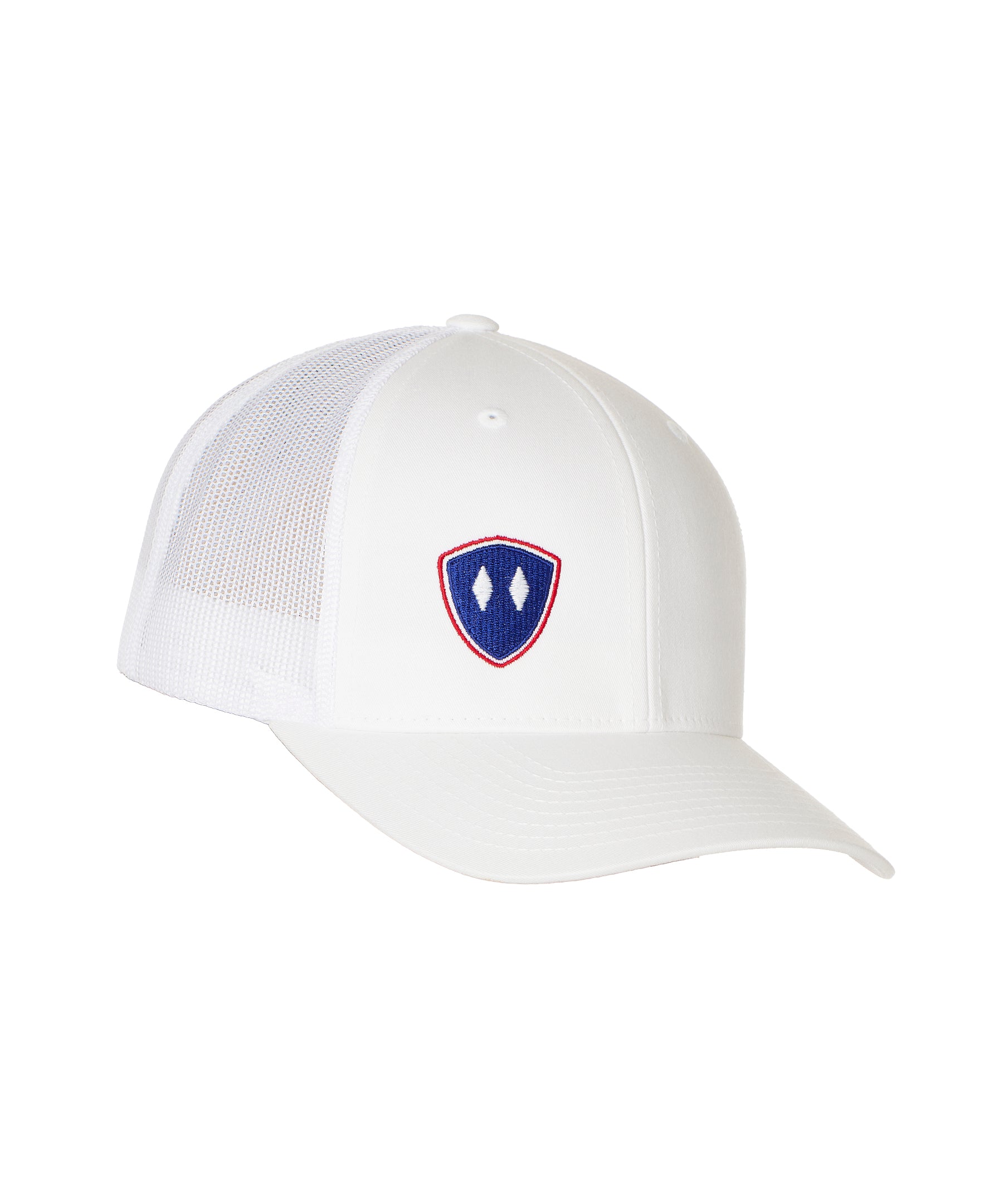 Flat lay of the White Till I Die Double Diamond Shield Trucker Hat, showcasing the Double Diamond Shield in red and blue embroidery on the bottom right panel.