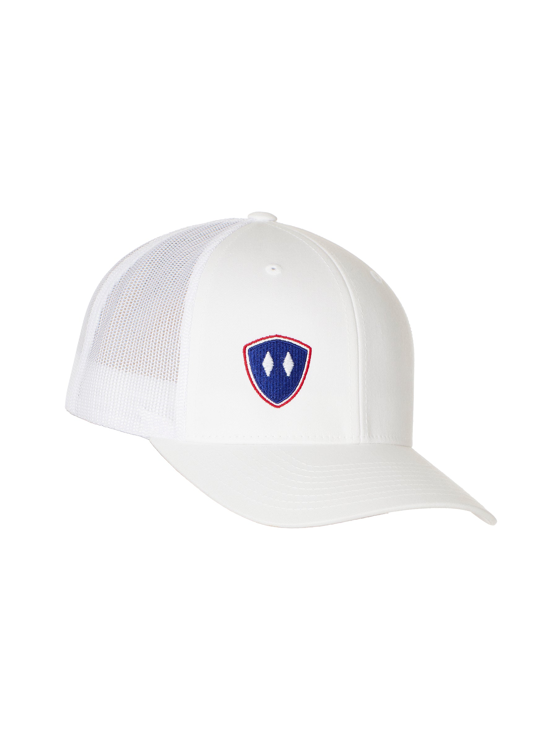 Flat lay of the White Till I Die Double Diamond Shield Trucker Hat, showcasing the Double Diamond Shield in red and blue embroidery on the bottom right panel.