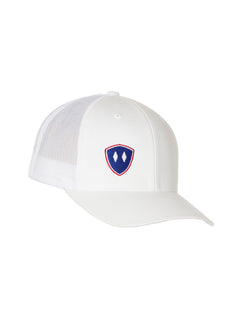 Flat lay of the White Till I Die Double Diamond Shield Trucker Hat, showcasing the Double Diamond Shield in red and blue embroidery on the bottom right panel.