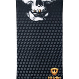 Overhead flat lay image of a black neck gaiter featuring a repeating dark gray diamond-shield pattern. The top portion shows a white skull graphic with gold teeth, and the bottom right corner displays a gold Till I Die logo. The gaiter is laid flat on a white background.