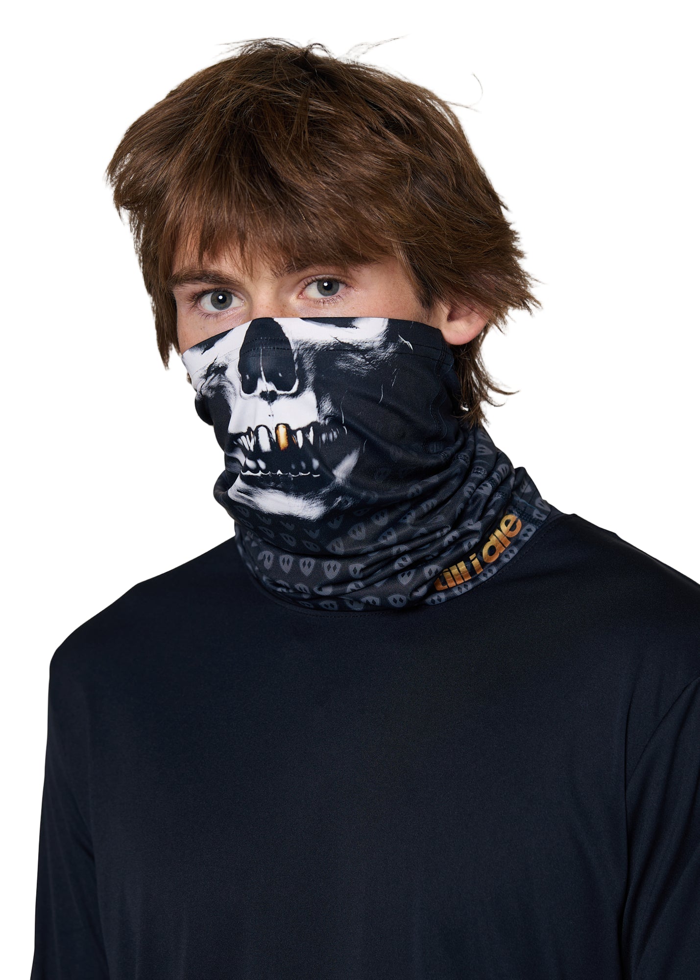 Male model wearing the Skeleton Neck Gaiter, with the gaiter pulled up to cover his nose and neck.