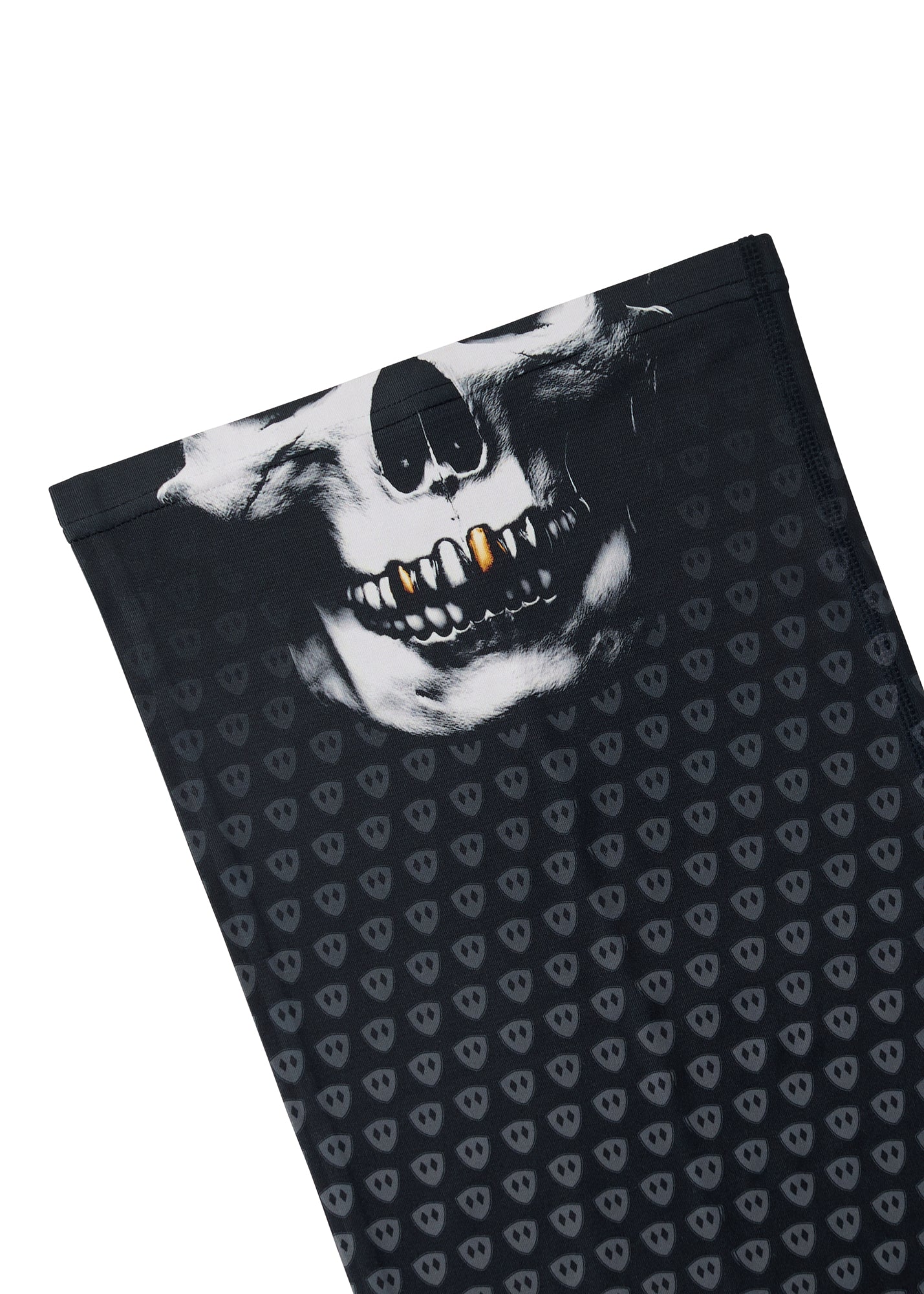 Flat lay of the neck gaiter featuring a Half Skeleton graphic, designed to align with the face when worn for a realistic skull illusion