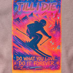 Back graphic of Ski Till I Die hoodie in Shiitake with rhinestones and mountain scene, Winter 2025