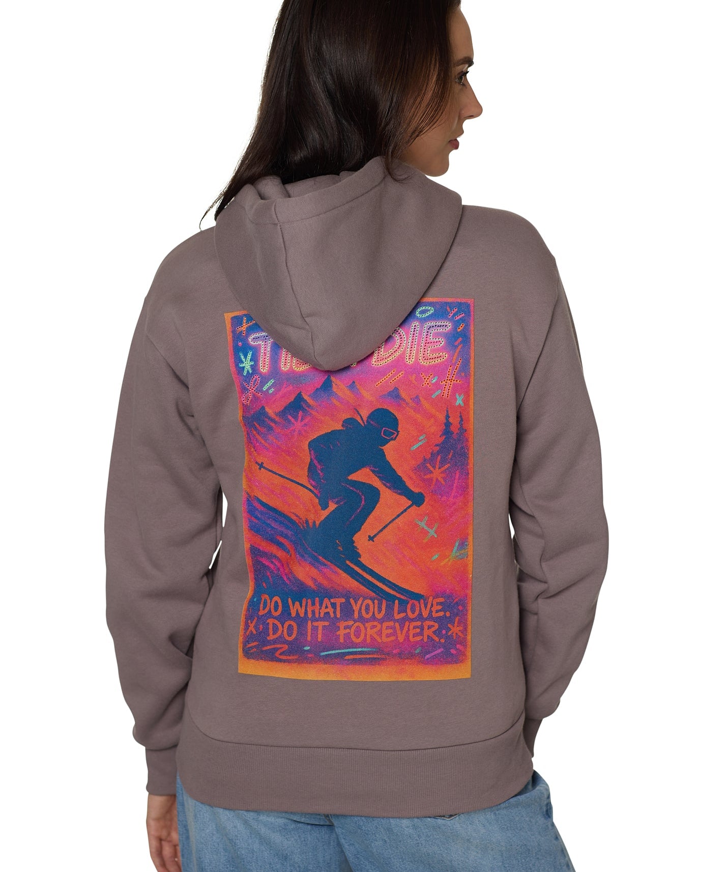 Back view of Ski Till I Die Rhinestone hoodie with skier graphic and rhinestone accents, Winter 2025