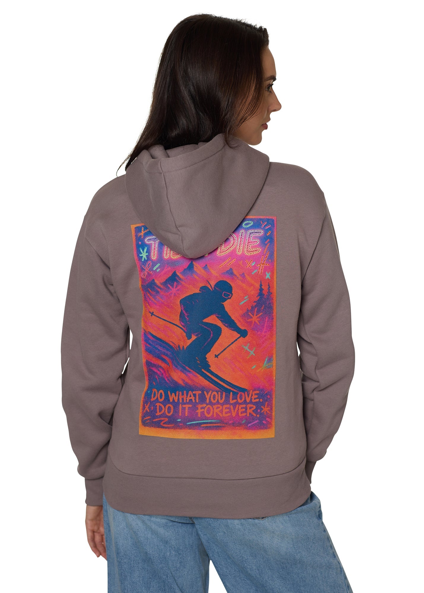 Back view of Ski Till I Die Rhinestone hoodie with skier graphic and rhinestone accents, Winter 2025