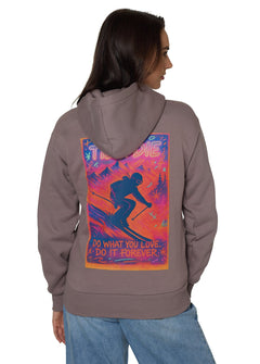 Back view of Ski Till I Die Rhinestone hoodie with skier graphic and rhinestone accents, Winter 2025