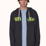 male model wearing a charcoal zip hoodie with lime green till i die written on the front, paired with a black ski till i die snapback cap and stone wash denim tee shirt