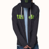 Male model in full Till I Die outfit featuring Ski Till I Die hat and zip hoodie with green logo