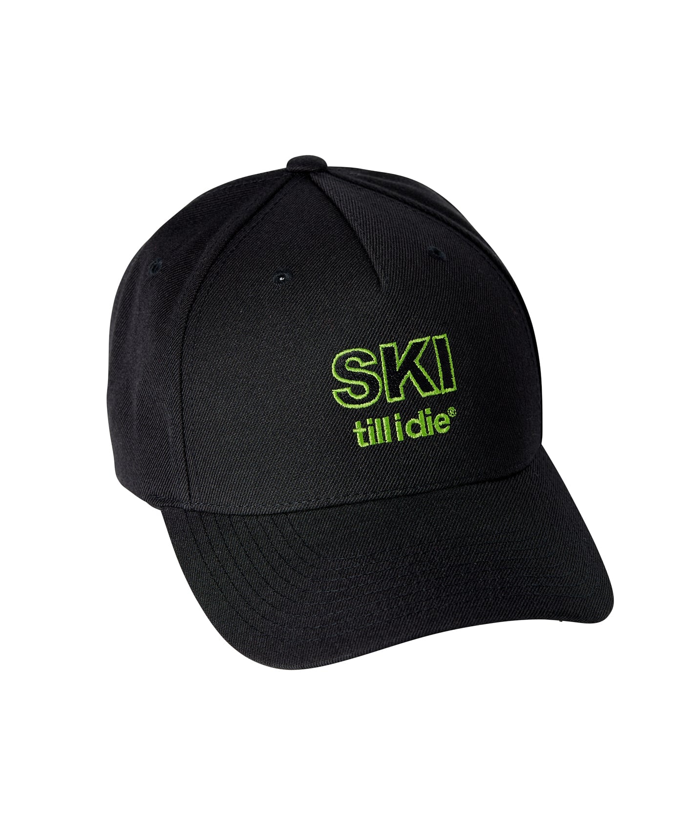 Black wool 5-panel hat with lime green Ski Till I Die embroidery on front, curved brim