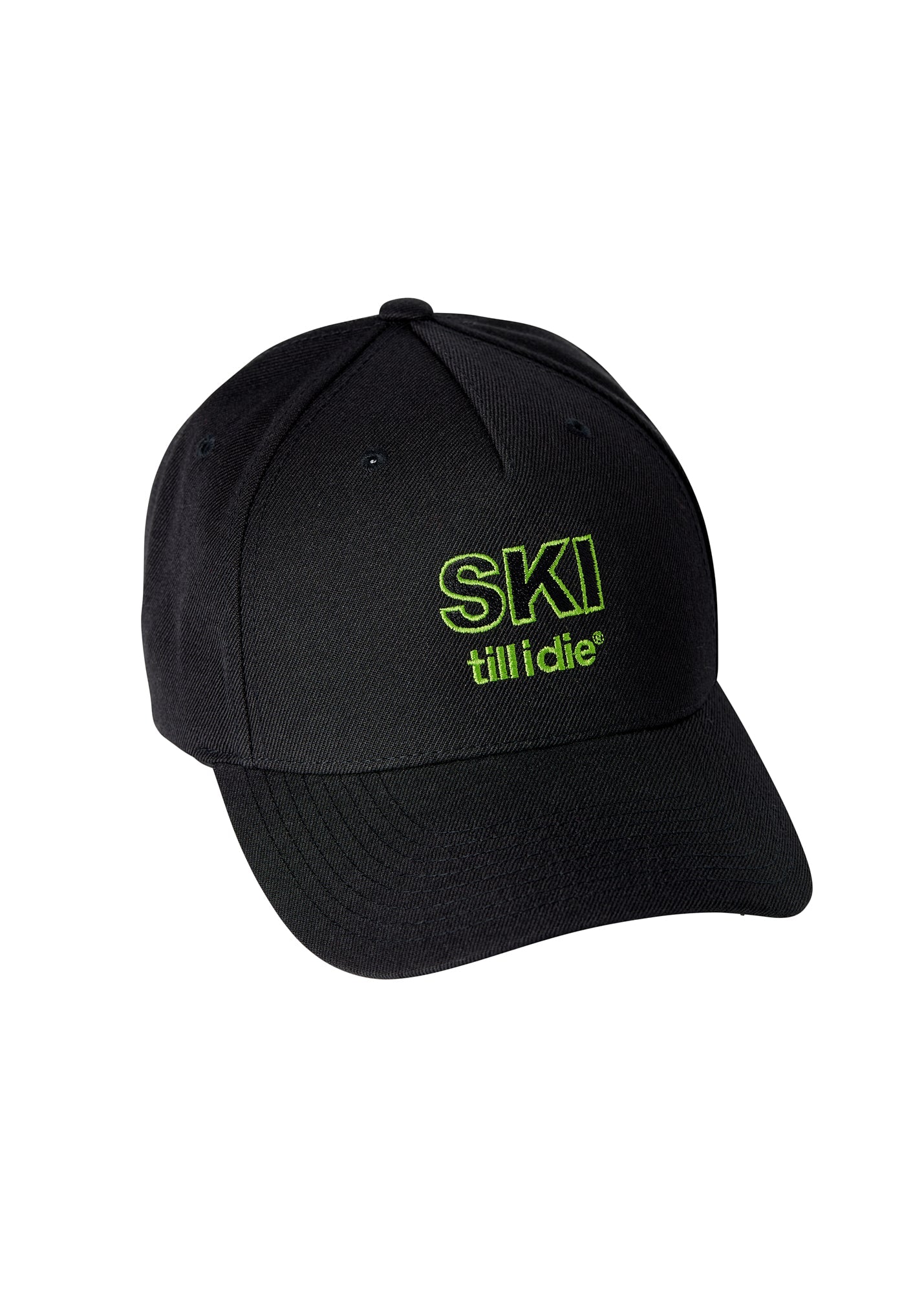 Black wool 5-panel hat with lime green Ski Till I Die embroidery on front, curved brim