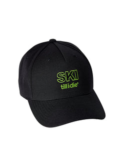 Black wool 5-panel hat with lime green Ski Till I Die embroidery on front, curved brim
