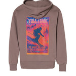 Back graphic of Ski Till I Die hoodie in Shiitake with rhinestones and mountain scene, Winter 2025