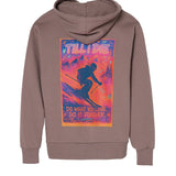 Back graphic of Ski Till I Die hoodie in Shiitake with rhinestones and mountain scene, Winter 2025