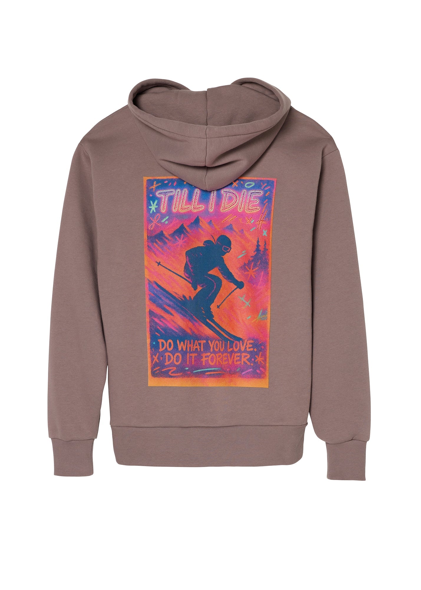 Back graphic of Ski Till I Die hoodie in Shiitake with rhinestones and mountain scene, Winter 2025