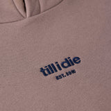 Close-up of the Sapphire metallic embroidery on Ski Till I Die hoodie, Winter 2025