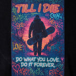 Back graphic on Snowboard Till I Die hoodie with rhinestone embellishments, Winter 2025